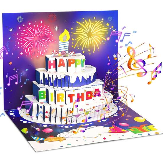 כרטיס יום הולדת תלת מימדי מתעופף מוזיקה קלה יום הולדת שמח כרטיס ברכה זוהר עם עיצוב עוגה כרטיס יום הולדת אינטראקטיבי