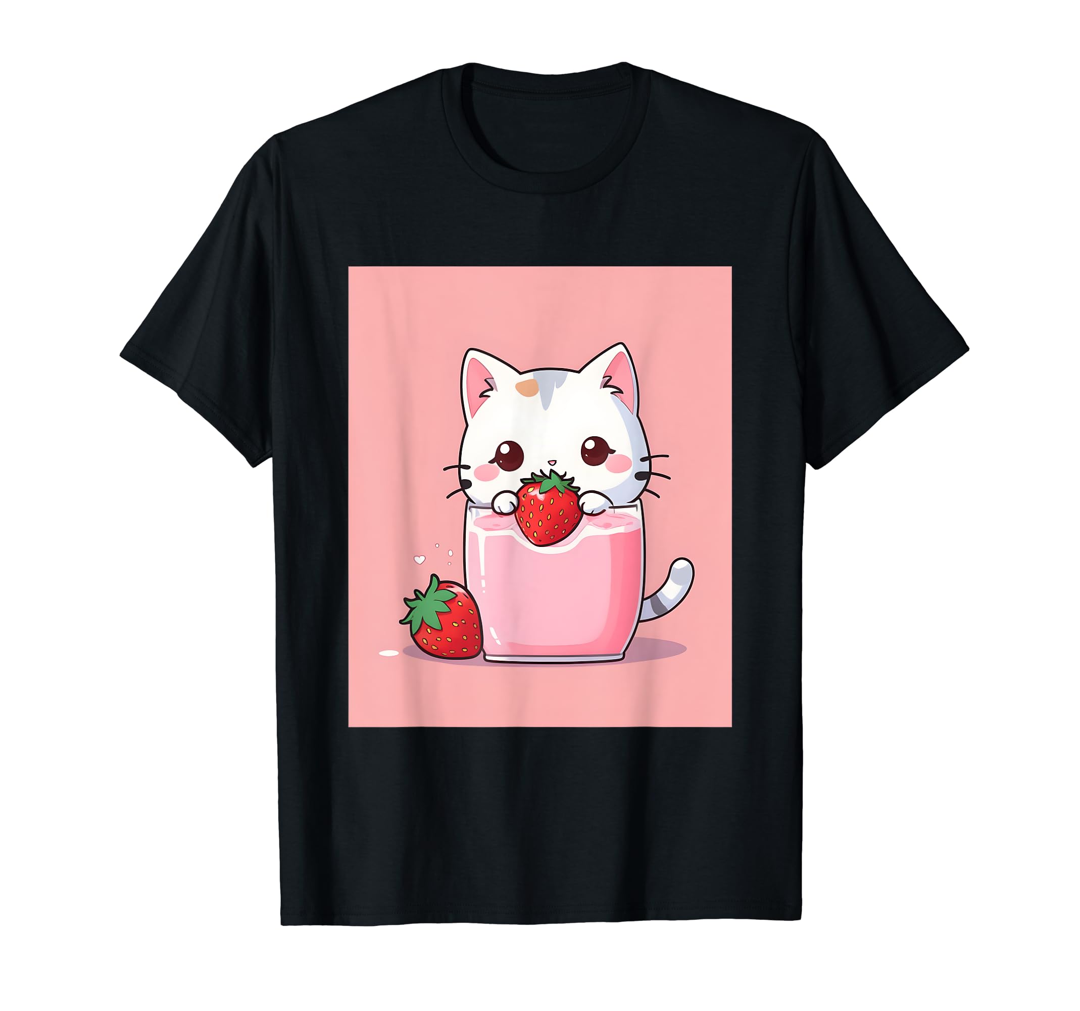 

strawberry things printed Kawaii, cat, milk, cute, Japanese, T-shirt чорний