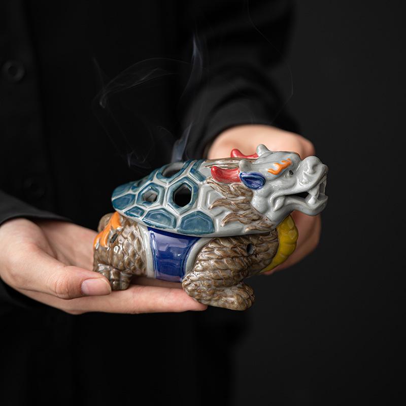 Ancient Doucai Dragon Turtle Incense Burner - Hand-painted Ceramic with Cultural Design