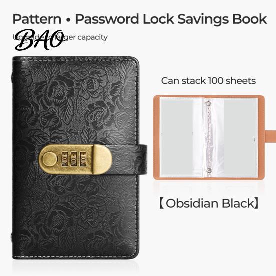 Security Cash Binder A6 Password Lock Budget Organizer, PU Leather And Relief Cover, Savings Tracker 100 Pocket Challenge Booklet for Personal Finance