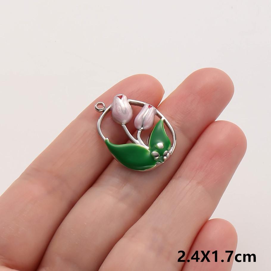 3pc Girl Pendant Hot Pink Oil Dripping Stainless Steel Plant Tree Flower Charm Pendants For Jewelry Making Supplies DIY Keychain