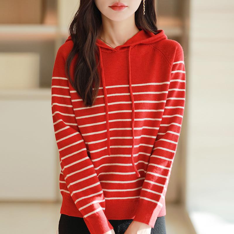 Autumn and Winter Hooded Sweater Women's Outer Thickened Fashion Knit Sweater Stripes Yanqi Thin Hooded Sweater