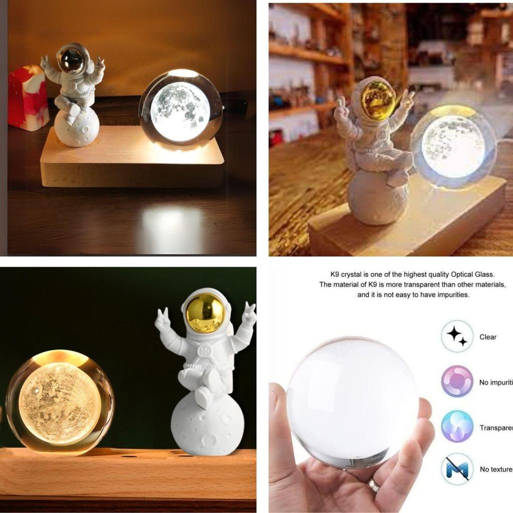 3D Crystal Moon Lamp – Engraved LED Light with Astronaut, USB-Powered Table Lamp, Wooden Base, Romantic Home & Office