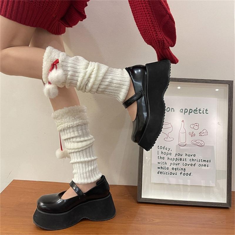 Women Winter Ribbed Knit Leg Warmer Stockings Y2K Harajuku Furry Trim Plush Ball Bow Christmas Leg Cover Long Boot Socks