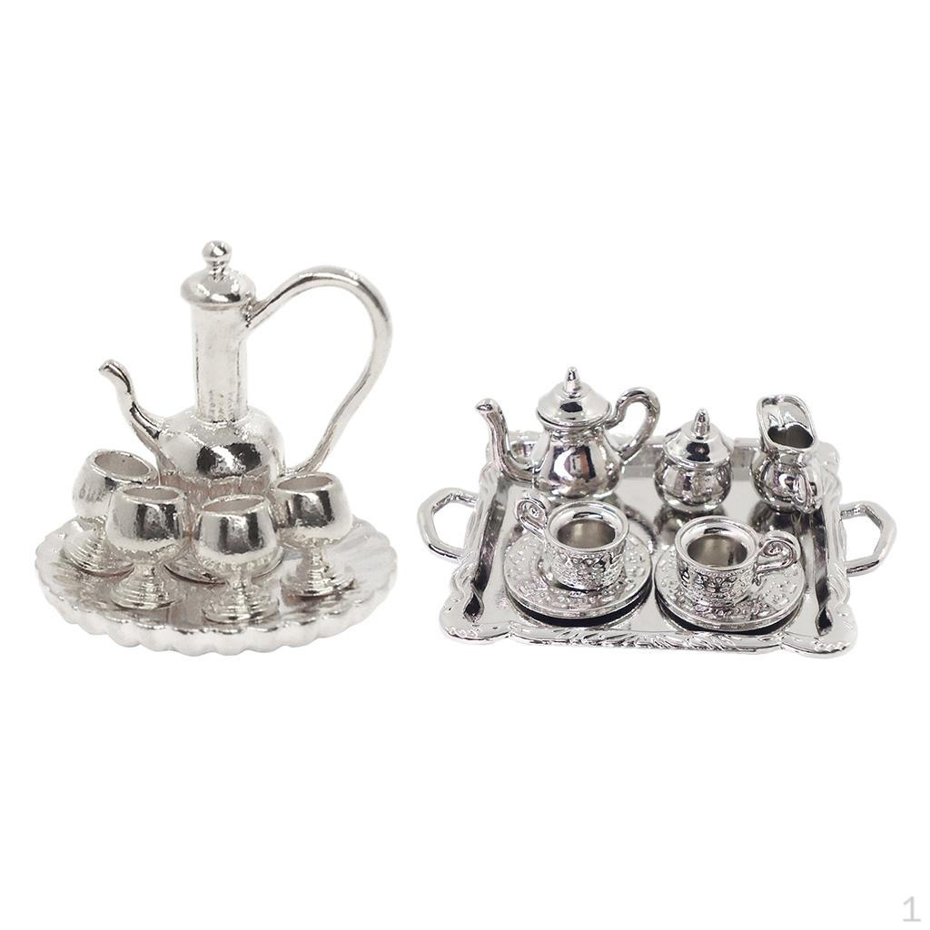 

2 Set Silver Metal Tea Lid Pot Cups Tray Ware 1:12 Dollhouse Miniatures ACCS