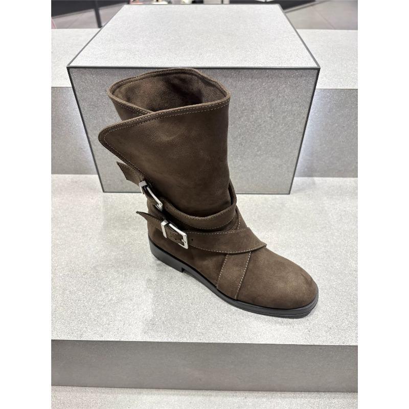 Sheepskin Version~ Korean Niche Round Head Thick Heel Cross Belt Buckle Martin Boots Folded Two Wear Cowboy Boots Women's Short Boots