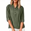 Women's Casual V-Neck Button Down Shirt Solid Color Long Sleeve Hem Split Cotton Blouse