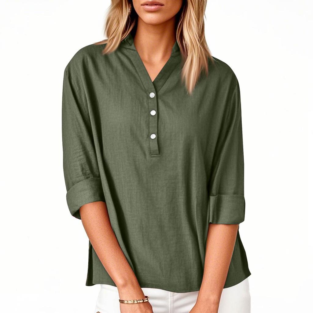 Women's Casual V-Neck Button Down Shirt Solid Color Long Sleeve Hem Split Cotton Blouse