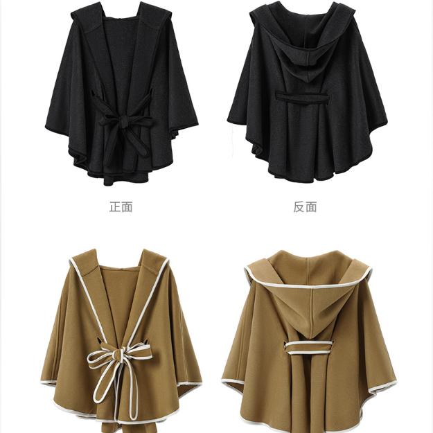 Damen Doppelseitiger Wollähnlicher Kapuzen-Cape-Schal, Poncho-Wickelmantel mit Schleifenband, 143×123cm Dicke Warme Oberbekleidung für Herbst Winter