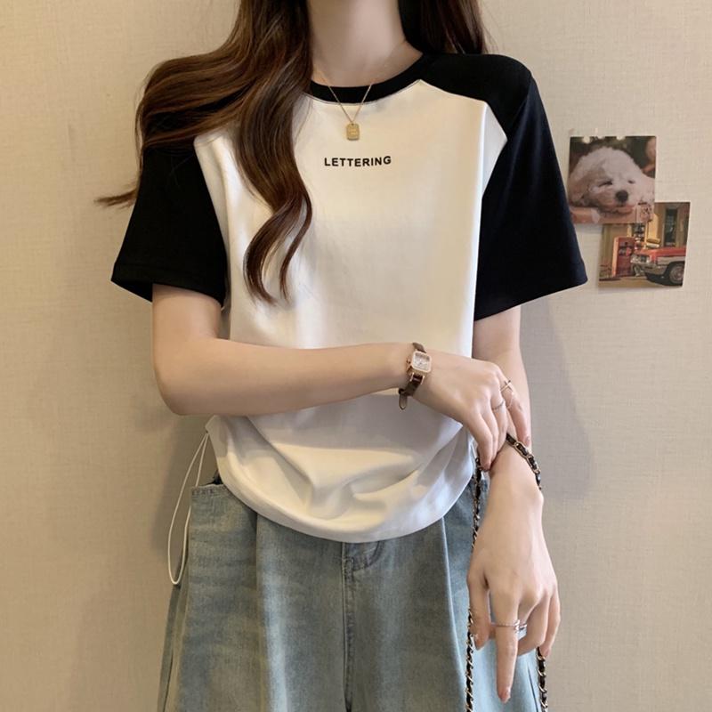 Damen Raglanärmel T-Shirt Buchstabendruck Kordelzug Raffung Lässig Kurzarm Crop Top für den Sommer