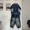 Personalized contrasting colors make old denim rough edge short-sleeved tops Harlan pants two-piece set women's summer style foreign style fashion 