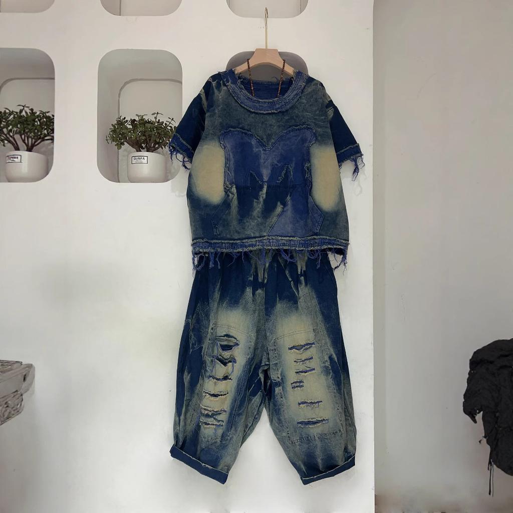 Personalized contrasting colors make old denim rough edge short-sleeved tops Harlan pants two-piece set women's summer style foreign style fashion