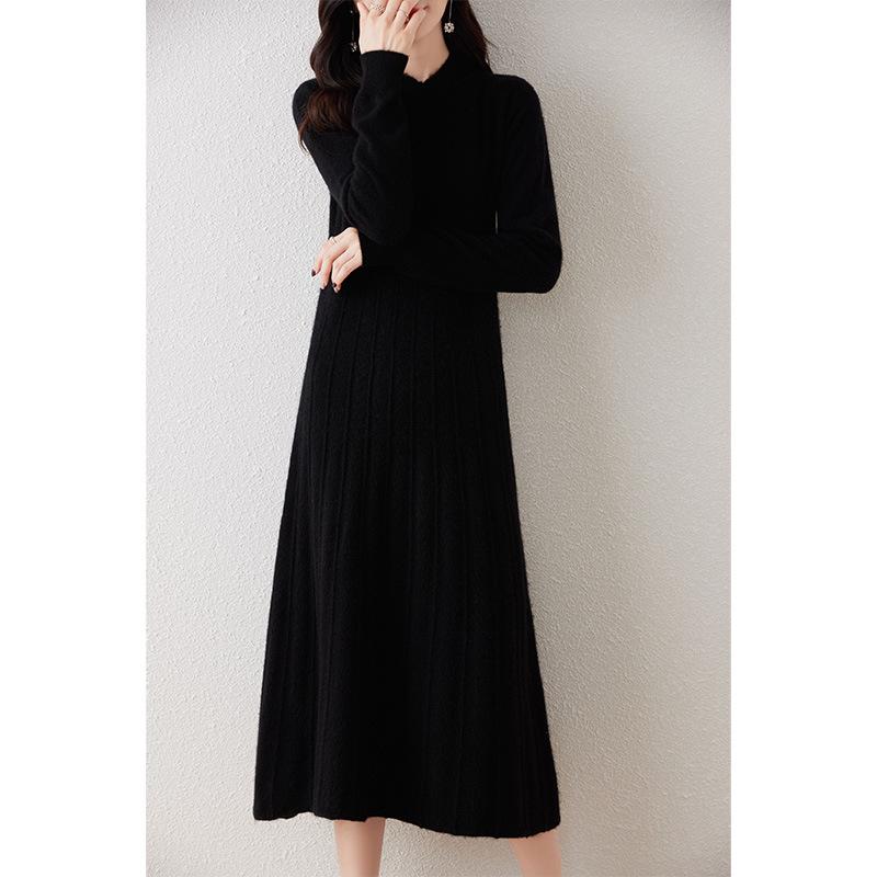 Elegant Merino Wool Women's Bodycon Knit Dress - New Style with Half High Neck and High Waist Design