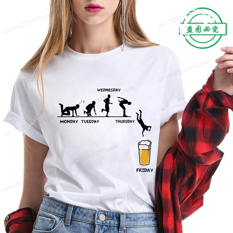 Women T Shirt Monday To Friday Drink Beer Funny Sports Fashion Casual T-shirt Skeleton FRIDAY Beer Graphic Tshirts Women Clothes