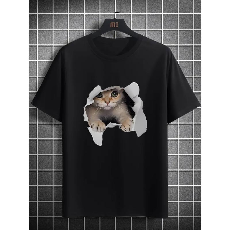 

European sizes Men s Casual Novelty CAT PATTERN Print T-Shirt, Casual Fashion Tee, Street Style Short Sleeve Crew Neck Shirt For Summer 4XL чорний