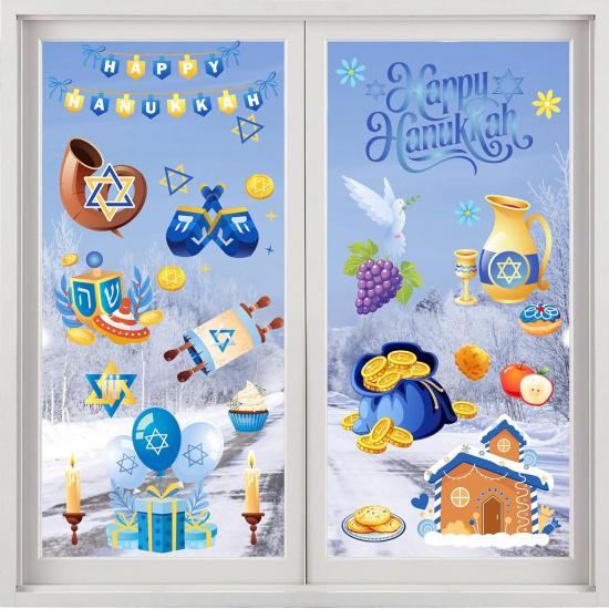Large Happy Hanukkah Window Clings Decals,79 Pcs Double Sided Chanukah Theme Clings Decorations, Removable Hanukkah Stickers for Home Office and