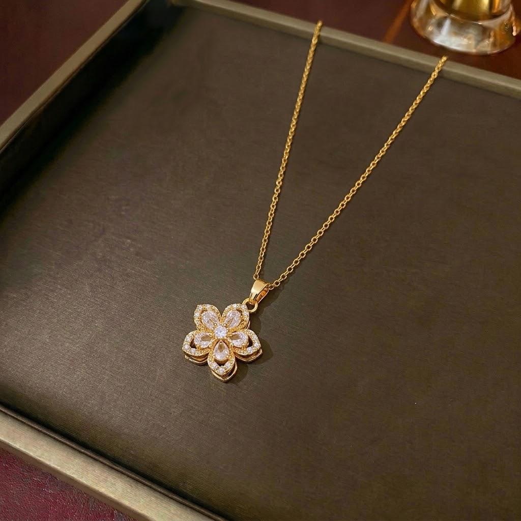 Bauhinia Zircon Flower Necklace for Women - European & American Style, 360° Rotatable Five-Petal Design