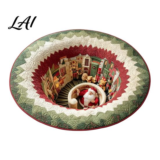 Christmas Floor Mat Round 3D Rug Optical Illusion Area Santa Claus Gnome Quilted-Like Patterned Rug Anti-slip Washable for Living Room Bedroom
