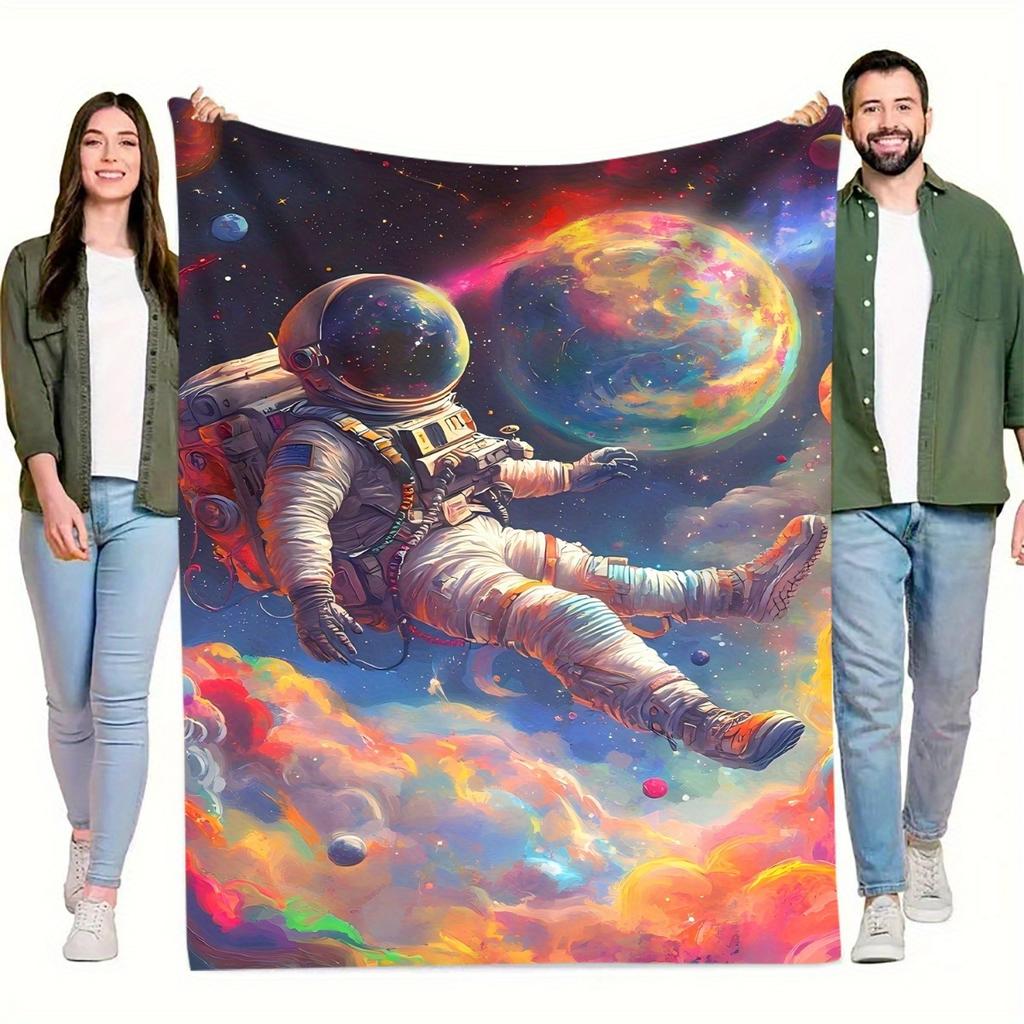 1pc Space Astronaut Throw Blanket - Soft Flannel All-Season Warmth, Cosmic Space Walk Design with Planets & Stars - Lightweight