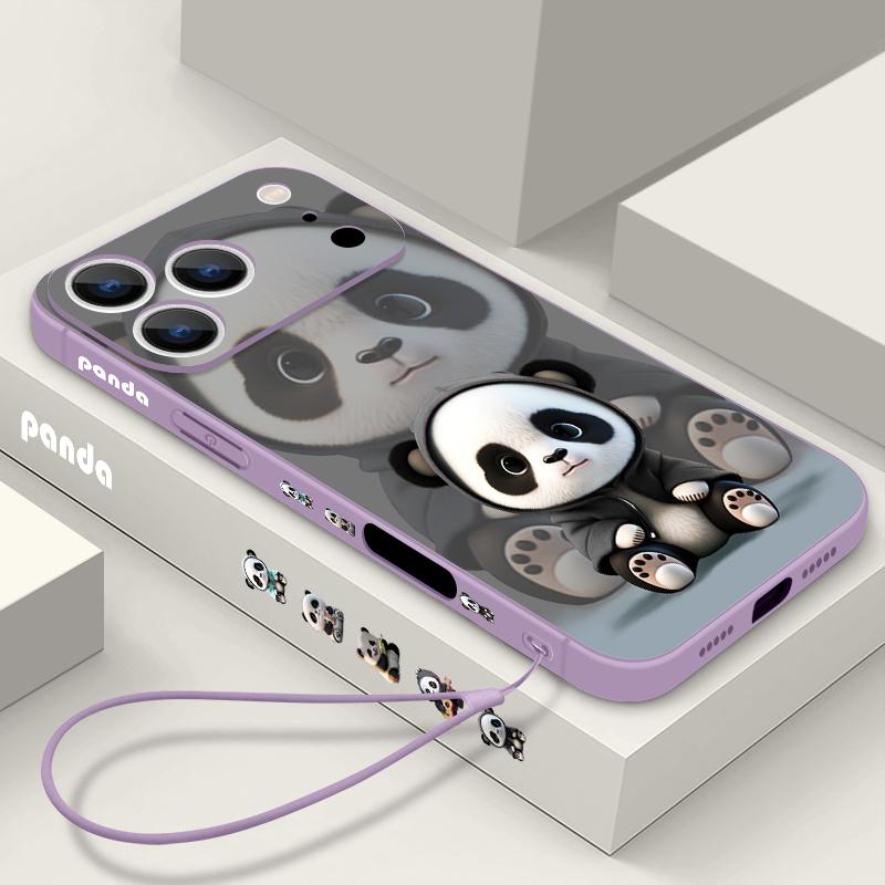 For iPhone 17 Pro Max Case Black Coat Panda Pattern Soft Silicone Lanyard Cover For iPhone 16 Pro Max Cover iPhone 15 14 13 12 11 16E Air