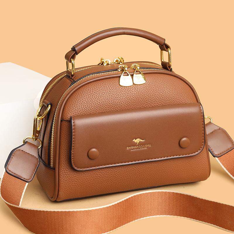 Women's PU leather top handle crossbody bag with multiple pockets, stylish contrasting color matching, and simple shoulder bag