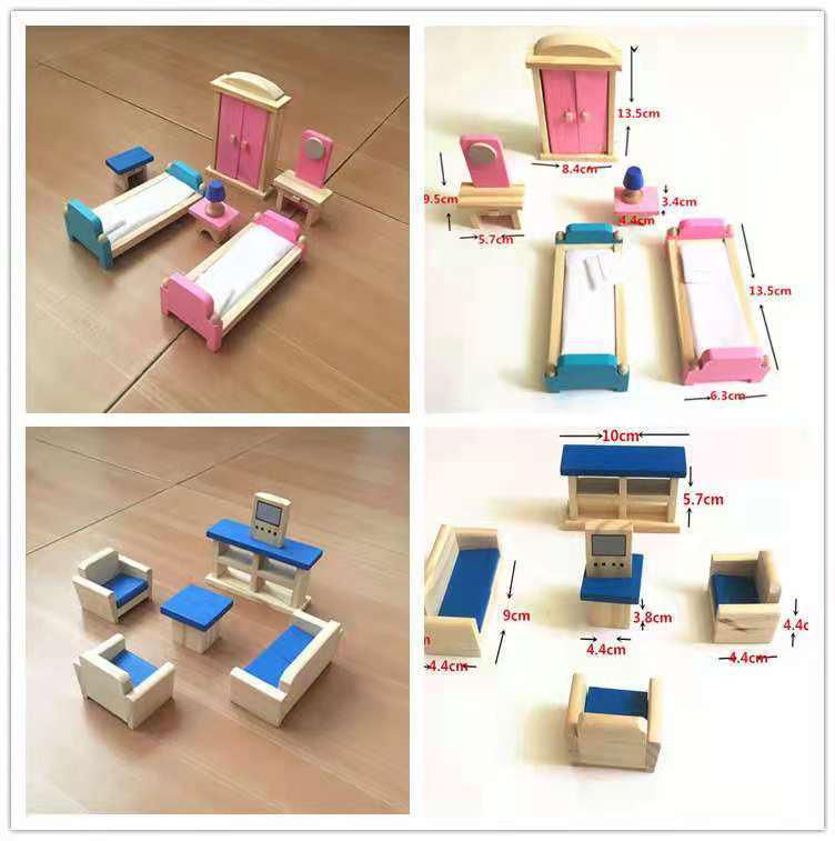 Wooden Doll Furniture Set: Mini Sofa, Cabinet, and Wardrobe for Child's Pretend Play