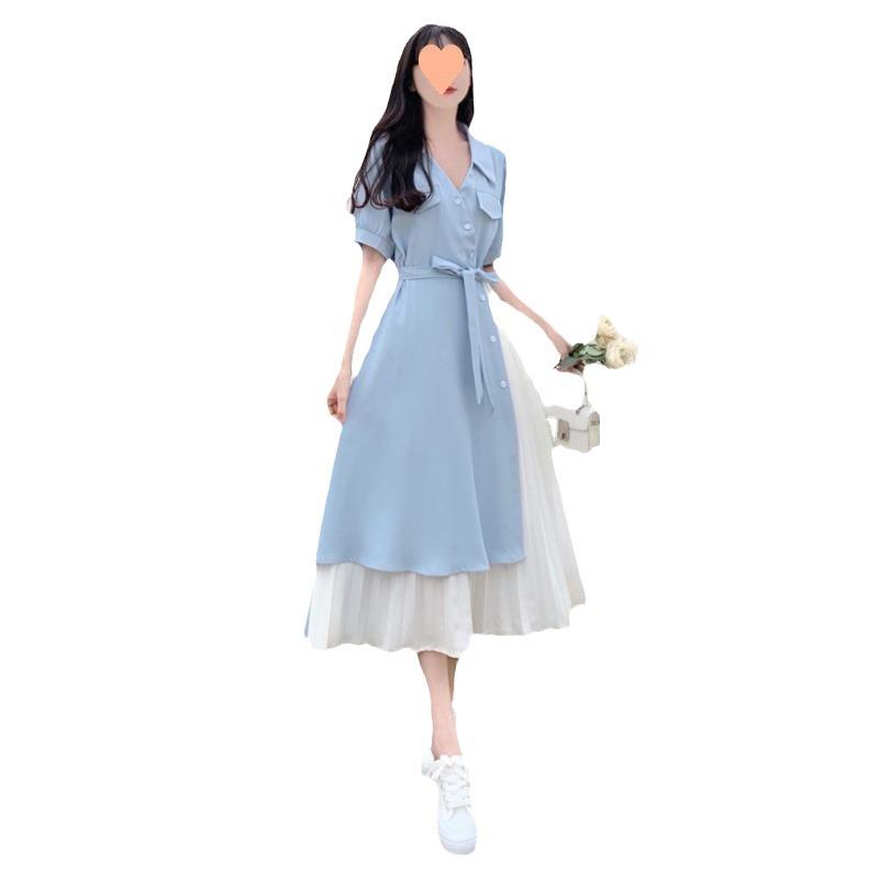 Two-Piece V-Neck Shirt Dress - Women's Summer French Style with Gentle Waist