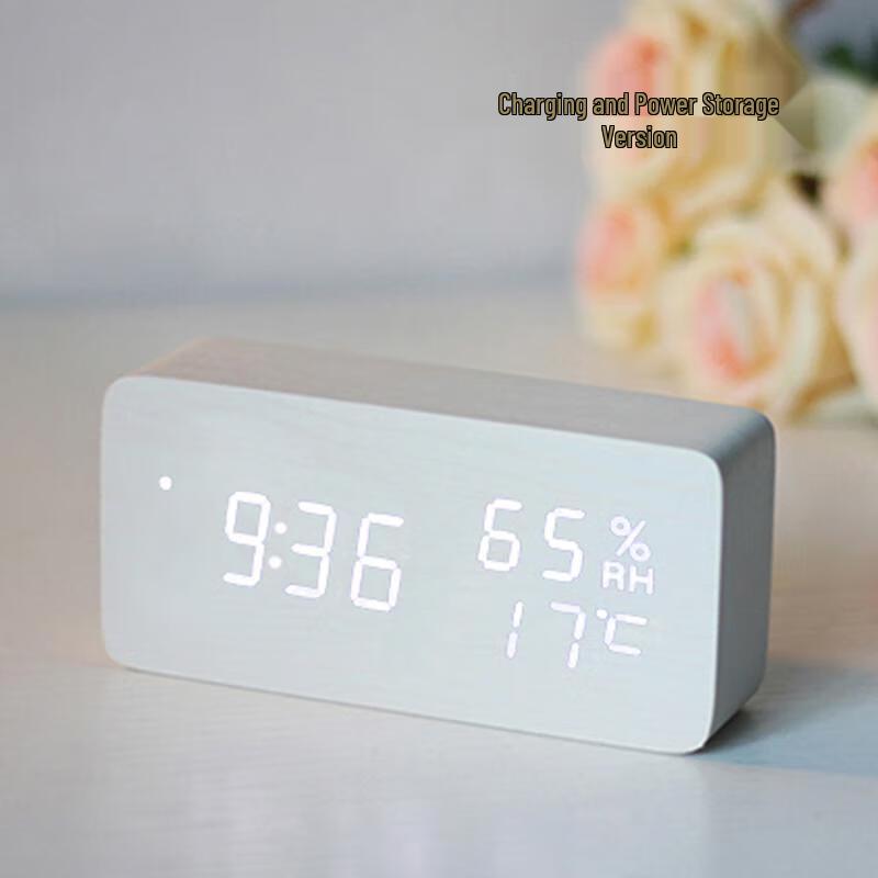 HANDUNYOU Wooden LED Alarm Clock with Temp/Humidity