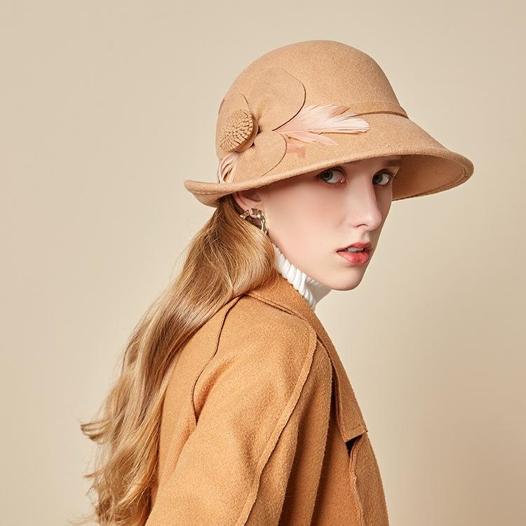 Retro Top Hat Autumn And Winter Woolen Hat Women'S Fashion Flower Styling Hat Back Curling Felt Hat