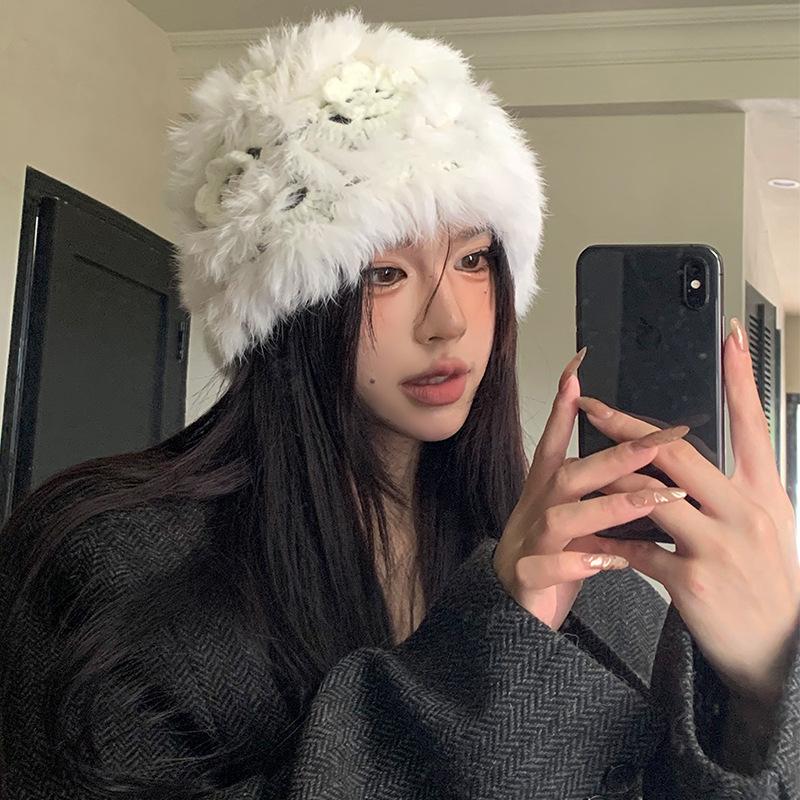 Rabbit Fur Plush Hat Women's Autumn and Winter Hollow Crochet Knitted Hat Thickened Warm Face Small Wool Hat Baotou Hat Tide