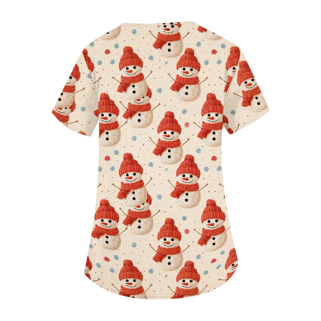 Women's Christmas Print V-Neck Short Sleeve Work Shirt with Pockets Caregiver Uniform Top