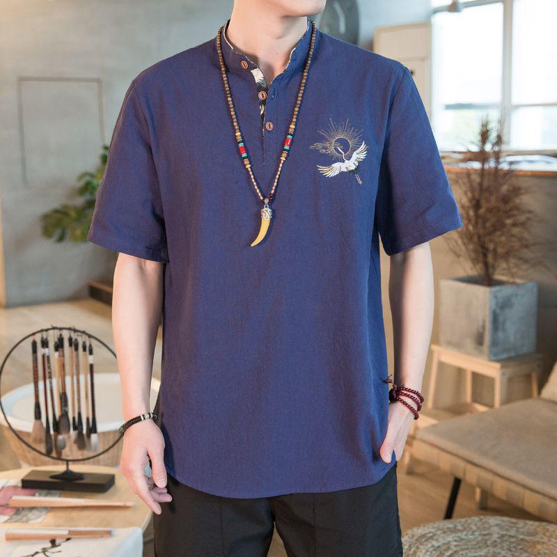 Chinese Men's Three-Quarter Sleeve Embroidered Tang Suit Cardigan Shirt