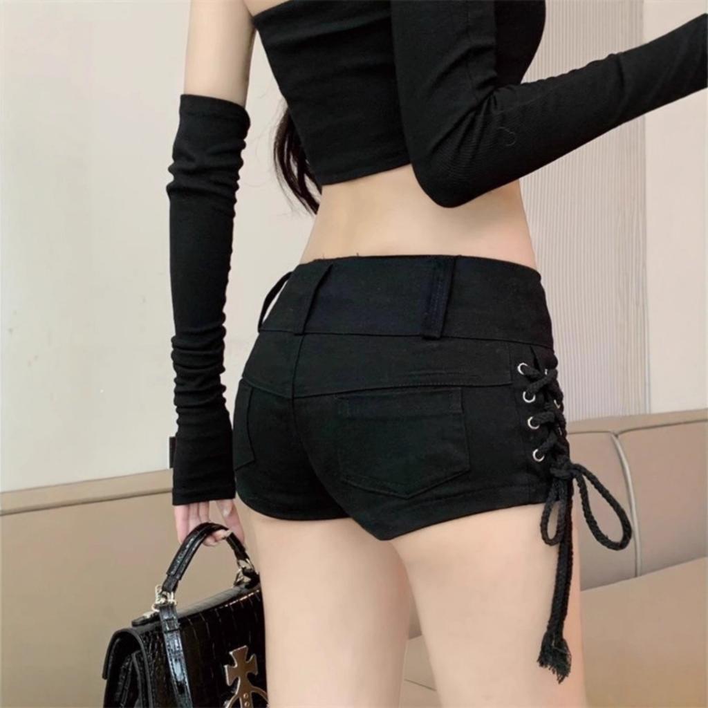 VIONA Women's Black Gothic Denim Shorts Vintage Aesthetic Korean Low Waist Jean Shorts Harajuku Y2k Cowboy Short Pants Clothes Summer