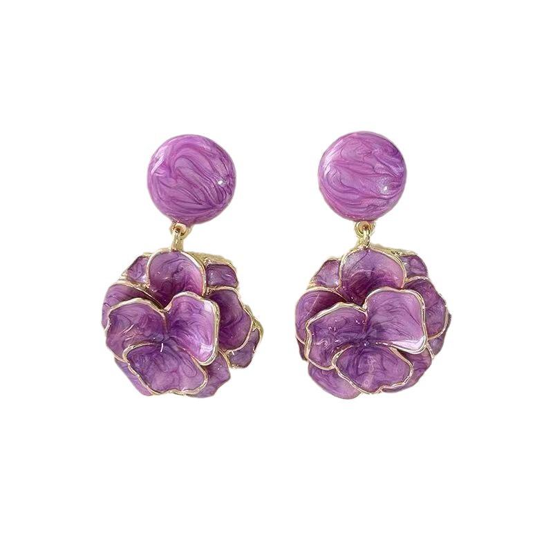 2024 New Exaggerated Purple Flower Drop Earrings - Women's Vacation Style, Creamy Hue, High-End Chic