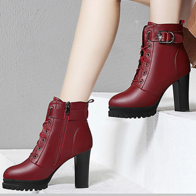 Fashion Shoes for Women Winter Women's Boots Solid Color Round Toe Zipper Lace Up Buckle High Heels Water Proof Shoes Women