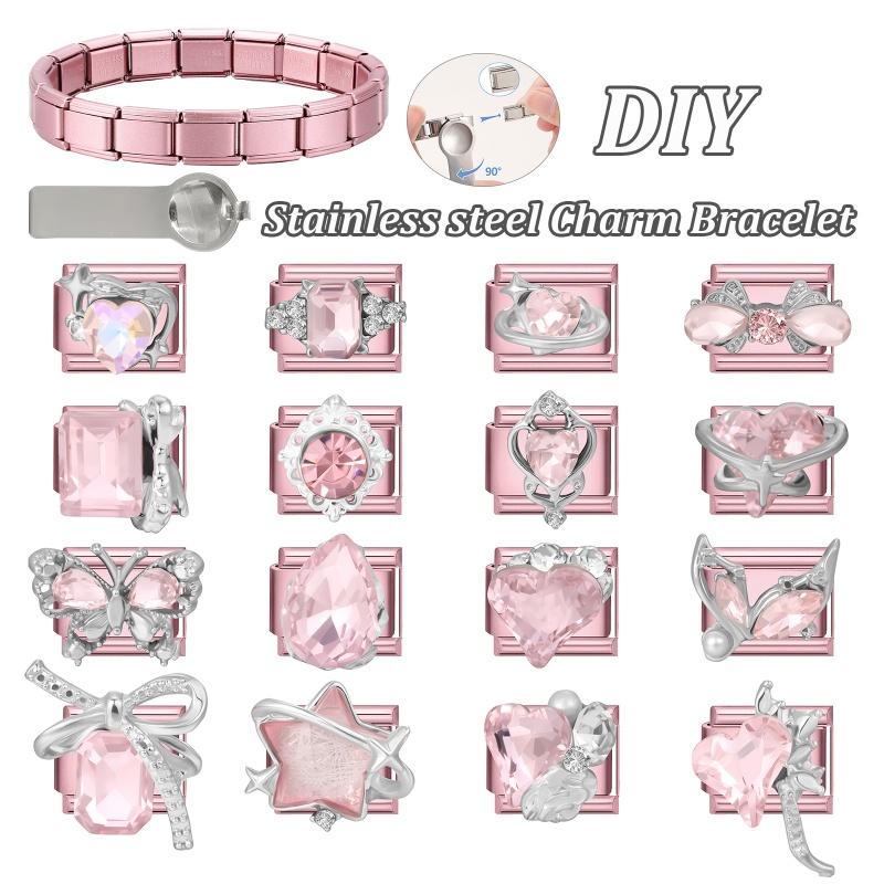 Fashion Pink Dreamy Crystal Butterfly Bow Heart Star Shell Star Charm Fit 9mm Stainless Steel Bracelet Women DIY Making Jewelry