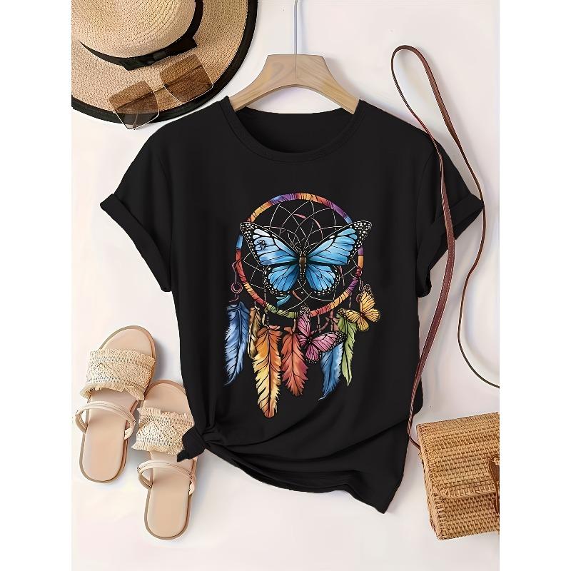 Womens Plus Size Black Butterfly Print T Shirt Round Neck Slightly Loose Fit Stretchy Comfort Skinfriendly Fabric Short Sleeve Machine