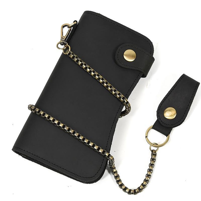 Men's Crazy Horse Leather Wallet Genuine Long Iron Chain Anti Theft Handbag RFID Demagnetization Zero