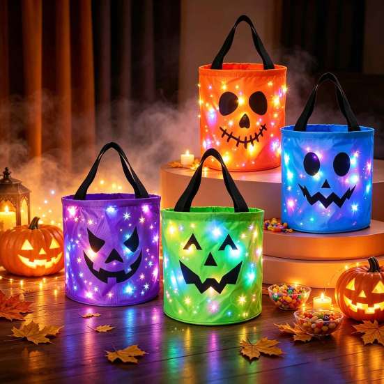 Colorful Halloween Event Supplies LED Light Up Bucket, Glow in The Dark Trick or Treat Candy Reusable Holiday Storage Buckets Bag with Handle, Lighted