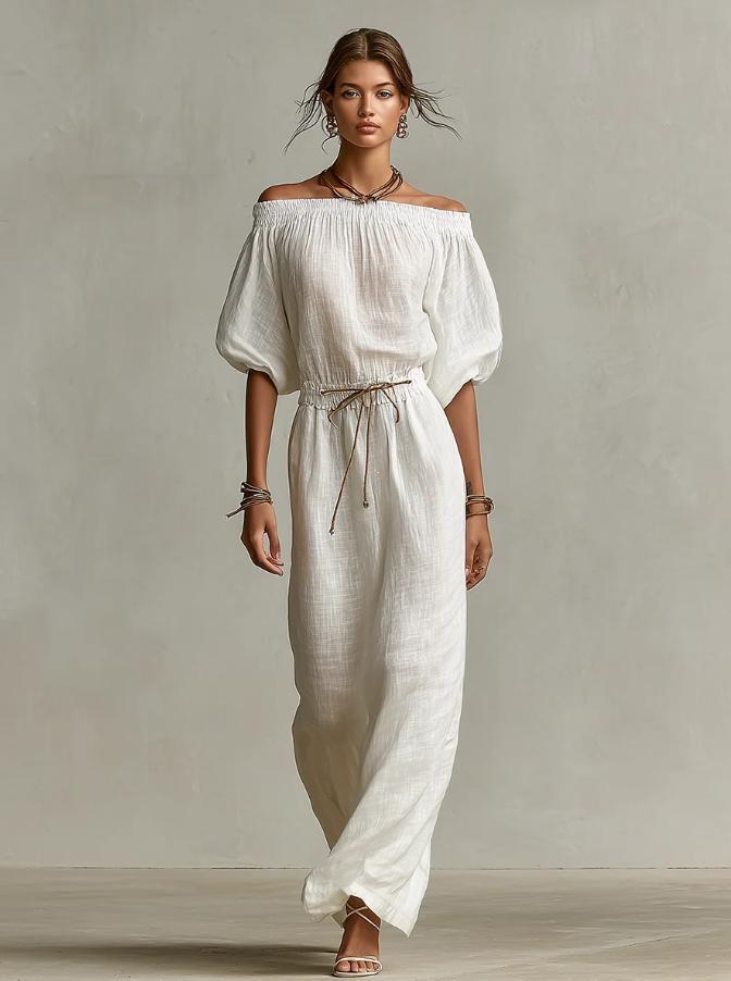 European and American Summer New Elegant Casual Solid Color Medium Sleeve One-word Collar Women's Dress
