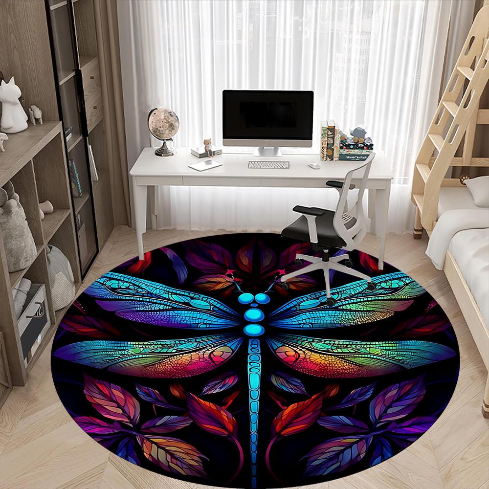 1PC Dragonfly StainedGlass Office Round Area Rug, Mat Suitable ForOffice, Under Office Chairs Bedroom Living Room Home Decor, Room Deco
