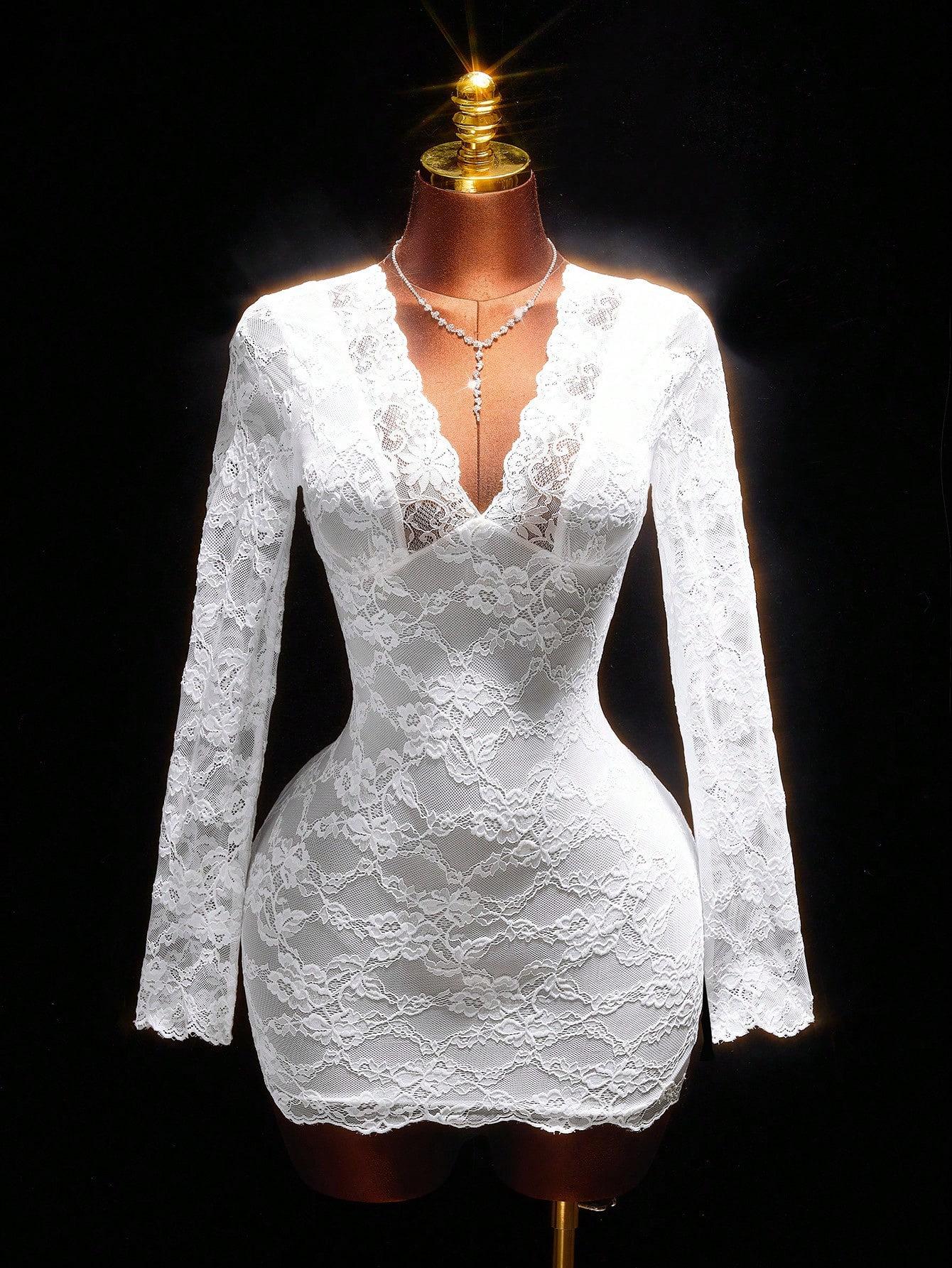 European and American new sexy elegant lace deep V slim fit hip dress dress women s spring and summer S белый