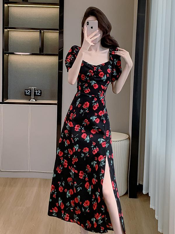 Summer 2024 French Square Neck Rose Print Dress - Gentle Style