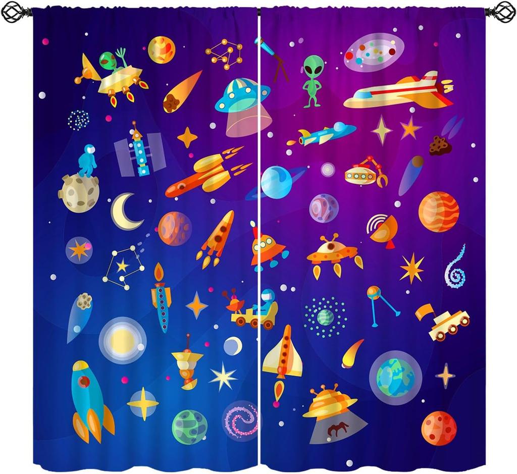 Solar System Window Curtains, Outer Space Space Astronaut Galaxy Window Treatments for Kids Boys Girls Bedroom Living Room