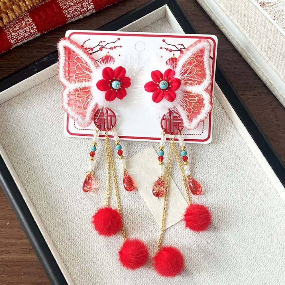 2pcs Lion New Year Tassel Barrettes Bow Ancient Style Hair Clip Children's Chinese Hairpin  Winter