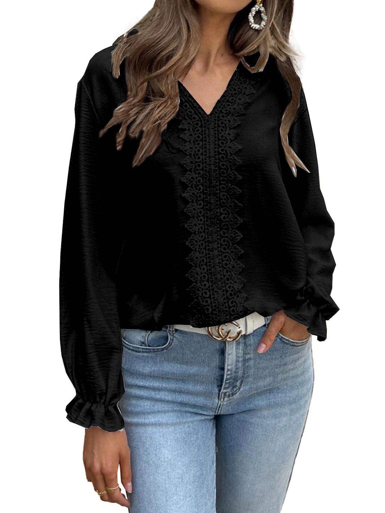 

2025 Women s Lace Patchwork T-shirt for Spring & Autumn Large чорний