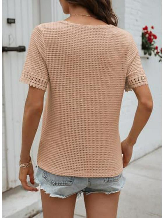 2026 Women's V-Neck Casual Waffle Knit Lace Patchwork Short Sleeve Top