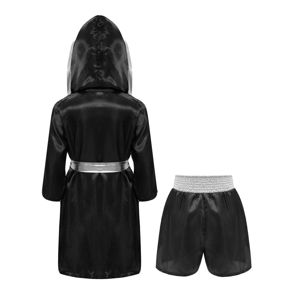 Conjunto de Fantasia de Boxe Infantil Robe de Cetim com Capuz e Cinto & Shorts de Paetês Acabamento Metálico Estampa de Letras
