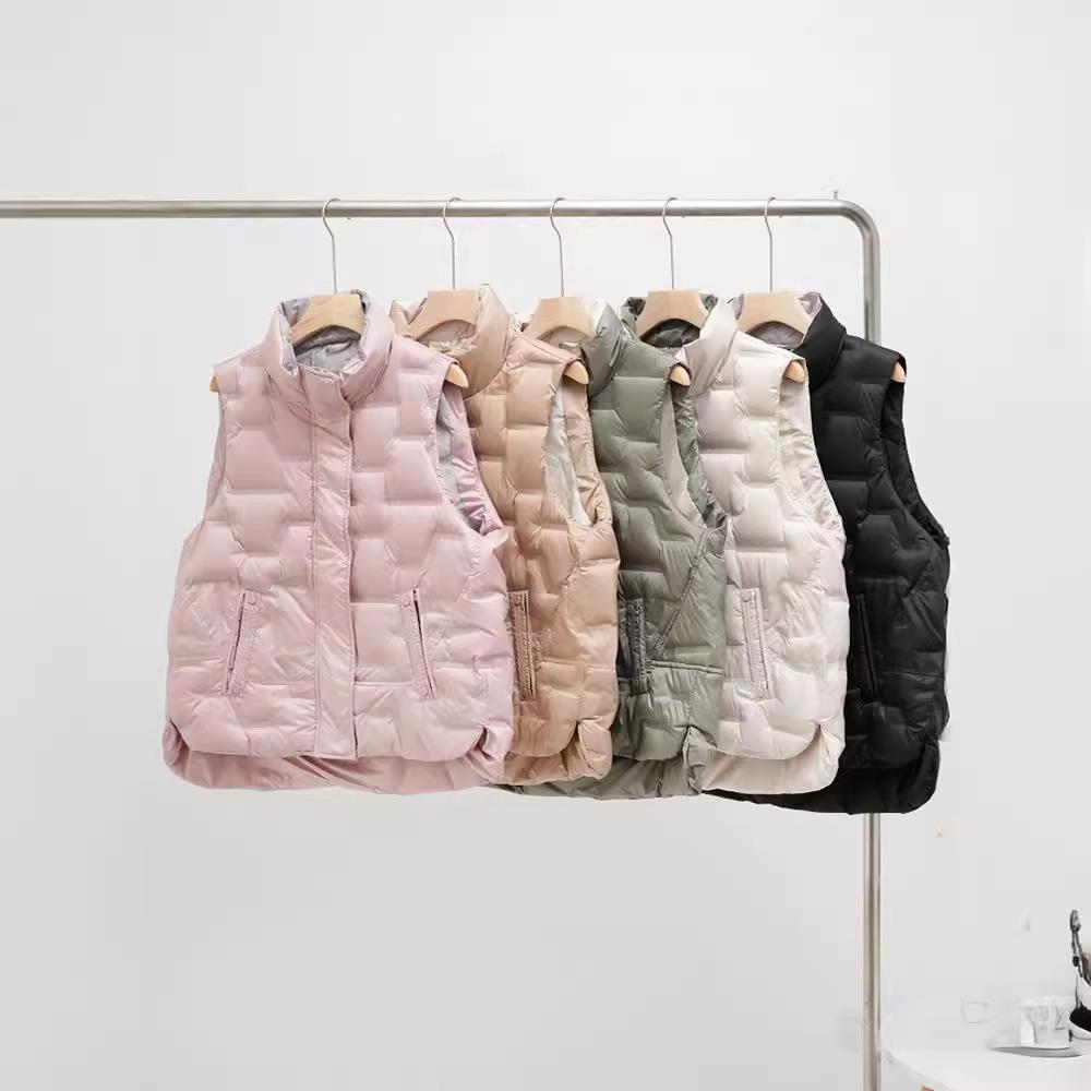 Autumn and Winter Women's Duck Down Fleece Waistcoat Women Loose Stand Collar Pockets Warm Quilted Puffer Sleeveless Vest