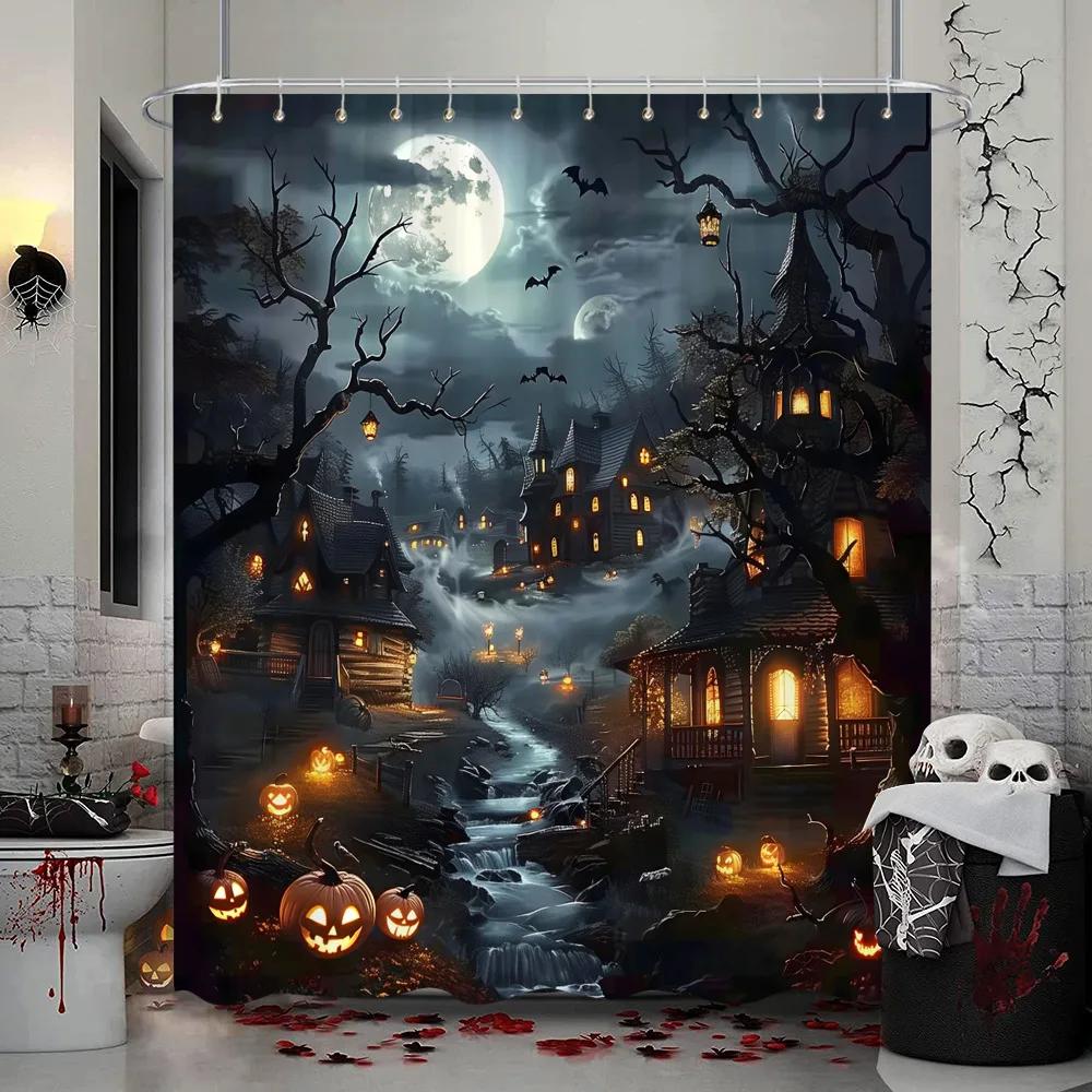 Halloween Shower Curtain Trick or Treat Skeleton Naughty Elf Castle Pumpkin Polyester Shower Curtains Bathroom Decor
